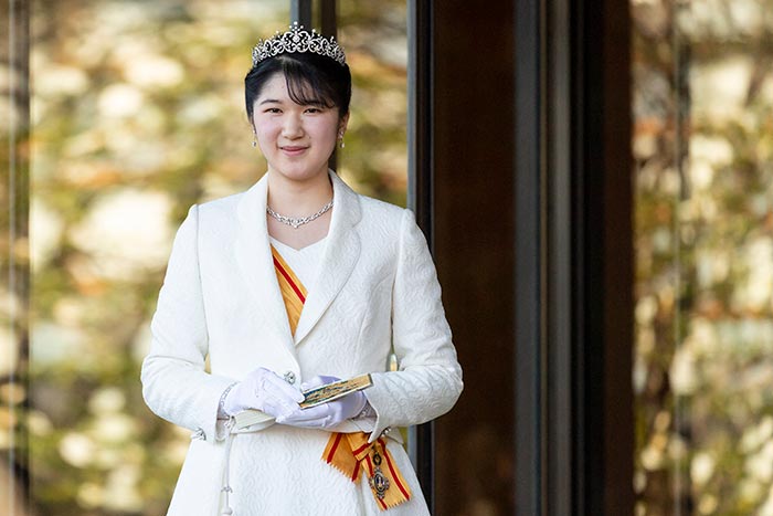 Japan's Princess Aiko, daughter of Emperor Naruhito and Empress Masako, greets members of the media on the occasion of her coming-of-age at the Imperial Palace in Tokyo.