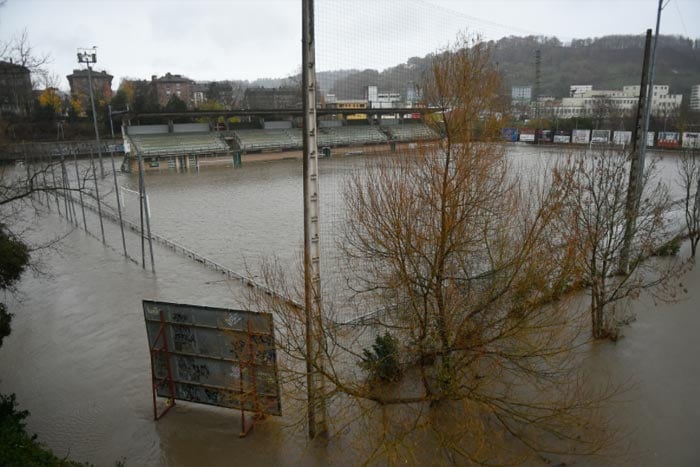 A flooded football field in the Spanish Basque city of Hernani.