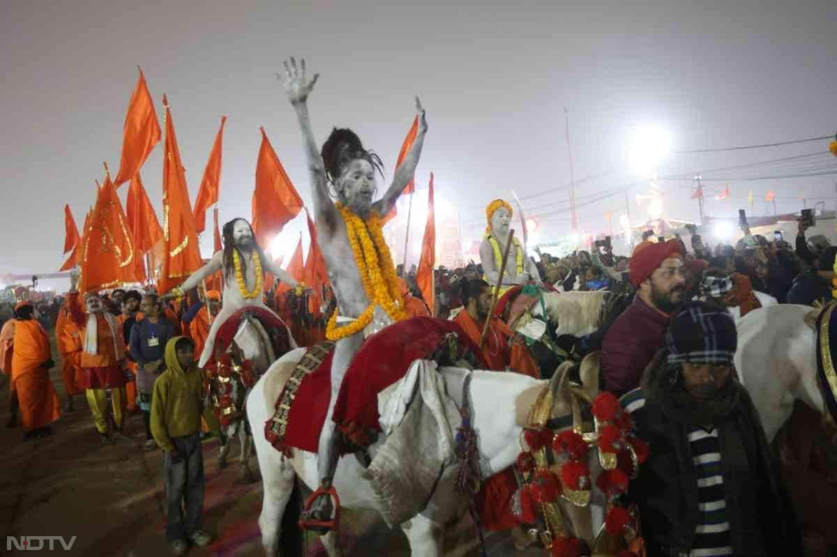 मकर संक्रांति के मौके पर पहले अमृत स्नान के लिए अखाड़ों के नागा साधुओं ने भव्य जुलूस निकाला. वह घोड़ों पर सवार होकर अमृत स्नान के लिए संगम तट पर पहुंचे.