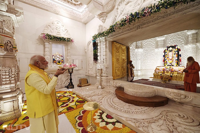 Prime Minister Narendra Modi performs pooja while offering prayers at Ram Janmabhoomi Temple.