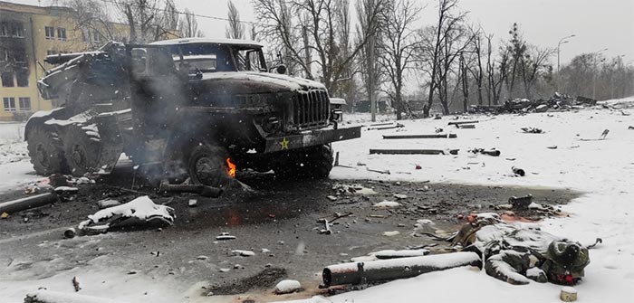 A view shows a destroyed Russian Army multiple rocket launcher.