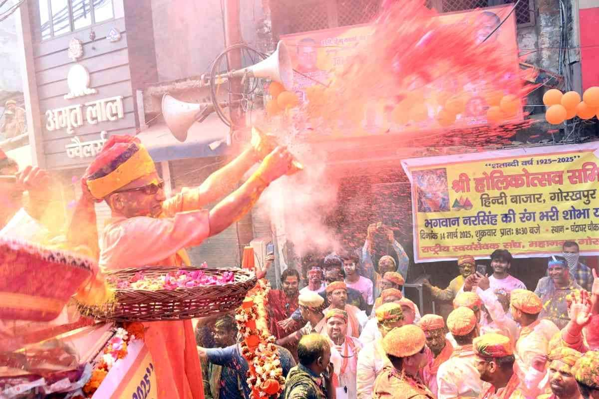 Uttar Pradesh Chief Minister Yogi Adityanath joined others at Gorakhnath Temple in Gorakhpur to celebrate Holi.