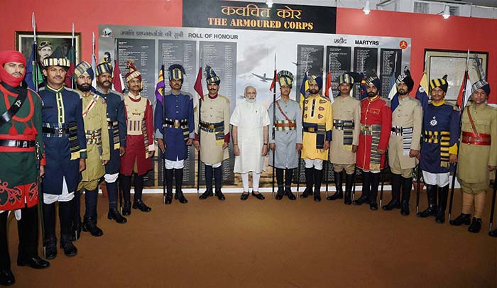 PM Modi with army armoured corps wearing uniform of 1965 war at 'Shauryanjali'.
