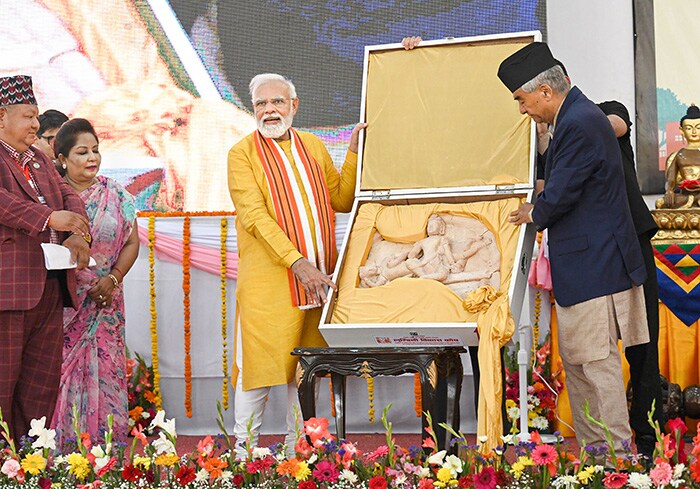 Prime Minister Narendra Modi with Nepal Prime Minister Sher Bahadur Deuba during an event on the 2566th Buddha Jayanti and Lumbini Day 2022,