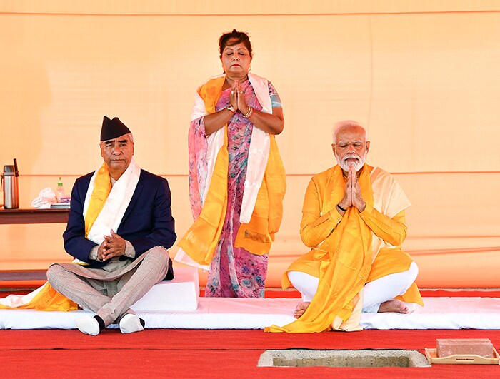 'Taking forward our cultural ties. PM Narendra Modi and PM Sher Bahadur Deuba perform 'Shilanyas' ceremony of the India International Centre for Buddhist Culture and Heritage,' said the Foreign Ministry.