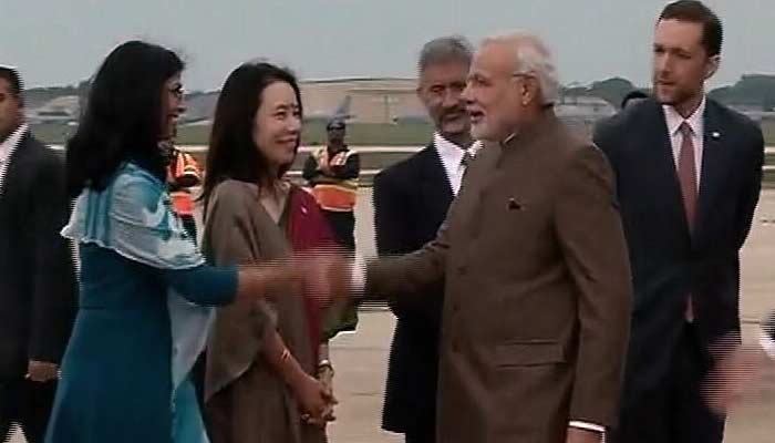 PM Modi with Indian Ambassador S Jaishankar (third from right) after his arrival in Washington from New York.