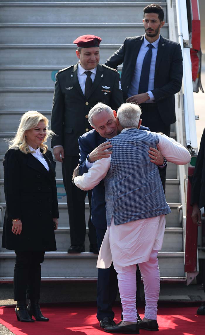 PM Modi hugged and shook hands with the Israeli leader, with whom he had developed a warm rapport during his visit to Israel last year.