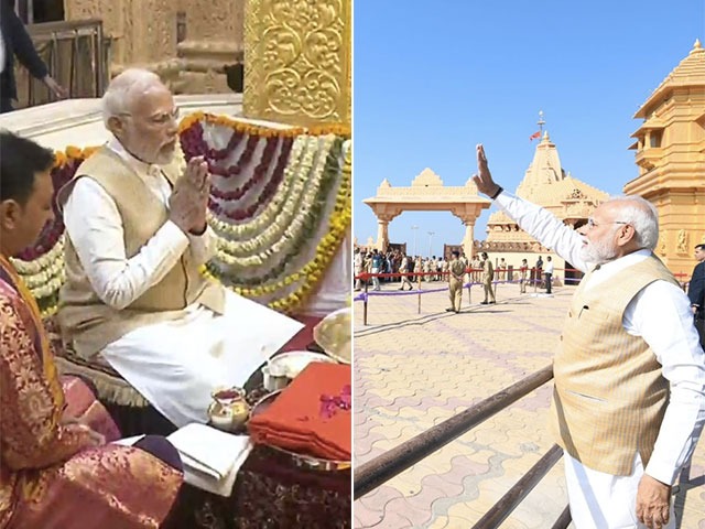 गुजरात में सोमनाथ मंदिर के दर्शन करने पहुंचे प्रधानमंत्री नरेंद्र मोदी