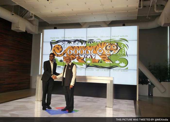 Prime Minister Narendra Modi shaking hands with the Google CEO Sundar Pichai