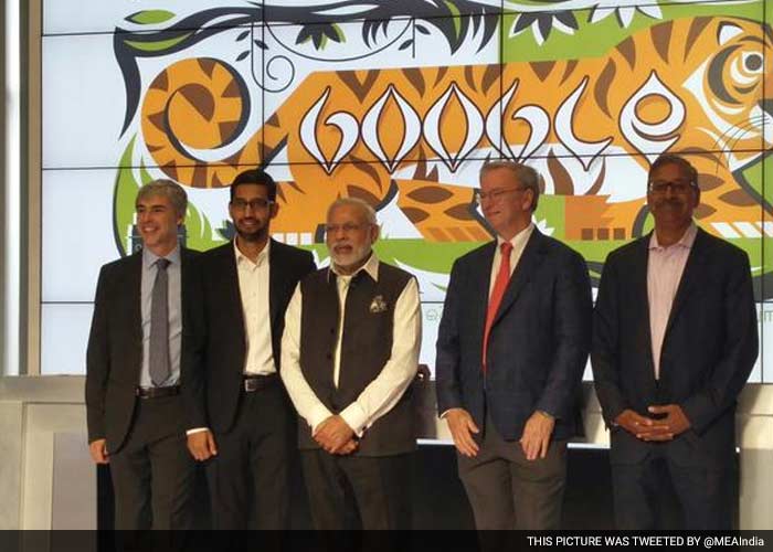 Prime Minister Narendra Modi at Google headquarters, with Larry Page, Sundar Pichai and Eric Schmidt