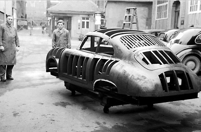 After hand-building a run of aluminum-body 356 prototypes at its wartime haven in Gm�nd, Austria, the Porsche engineering company moved back to Stuttgart, an industrial city in southwest Germany, and in 1950 set up a corporation to make steel-body sports cars for sale to the public. At left, a wooden styling buck at the Reutters coachbuilding works in Stuttgart, where the 356 body was made. (NYT Photo)