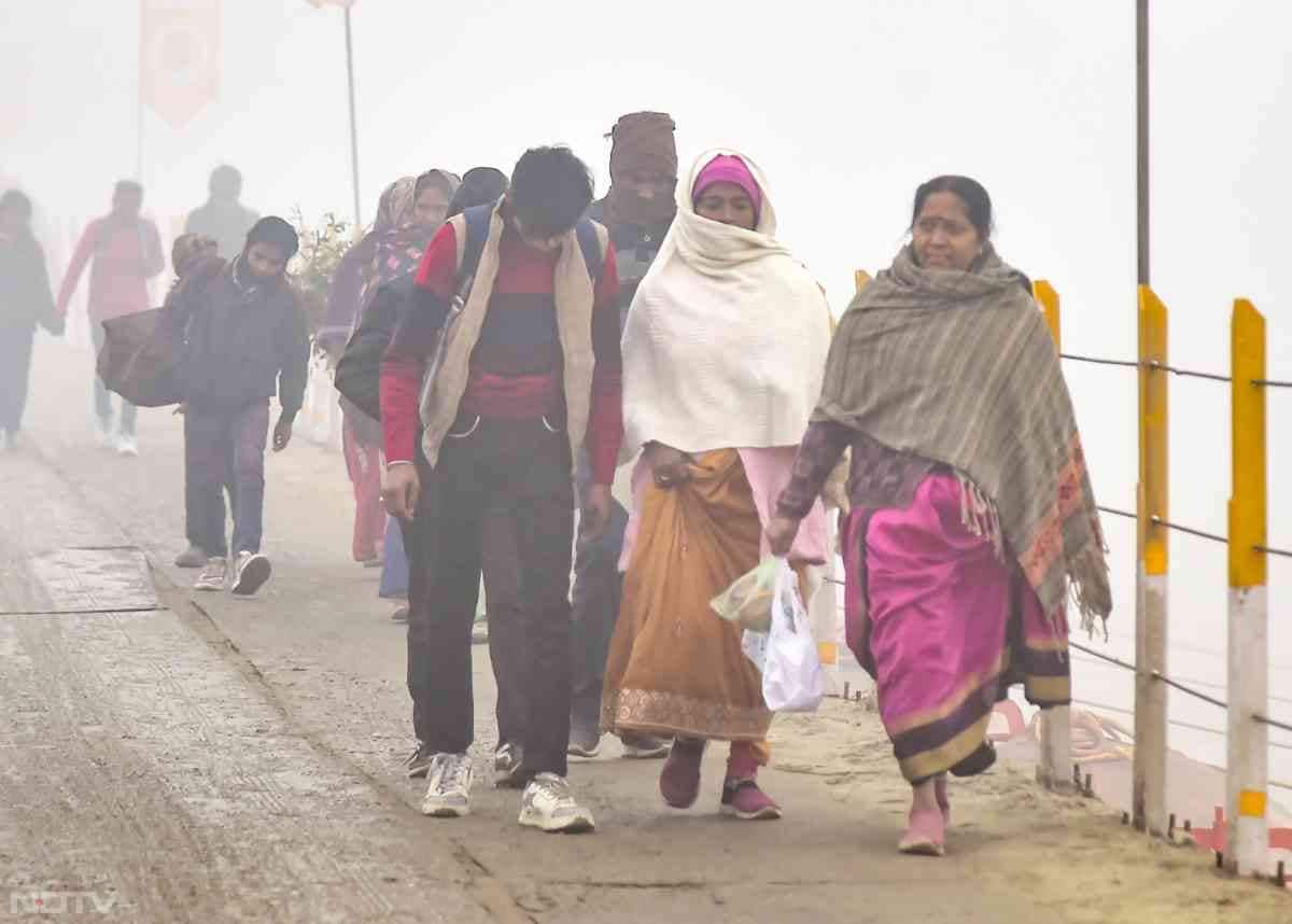 माघ मेले में संगम तट पर स्नान के लिए जाते हुए श्रद्धालु