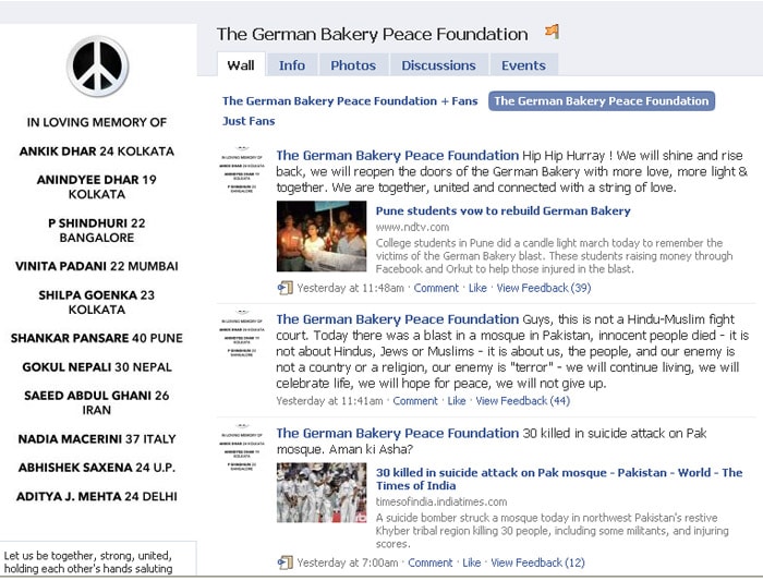 College students in Pune started The German Bakery Peace Foundation on Facebook. Through this group they condemn the attack on German Bakery & pay their tributes to those who lost their lives.