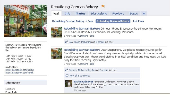 All college students united through Facebook and Orkut to raise money to help those injured in the blast and to donate towards the rebuilding of Germany Bakery.