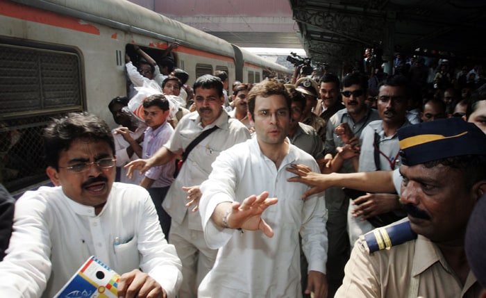 Drastically changing the arrangements made for him in Mumbai, Rahul hopped onto a local train at Andheri to make his way to a Ghatpokar slum. His unscheduled train journey sent the Railway Police into a tizzy. (Photo: AFP)