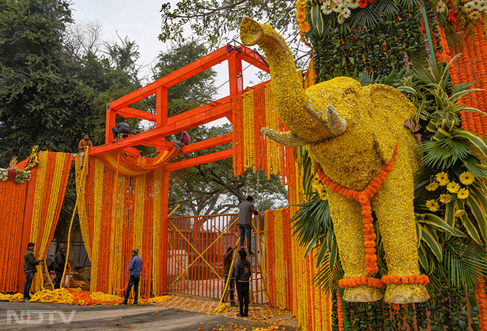 मूल रूप से पीले, सफेद, बैंगनी और लाल रंग के फूलों को प्रमुखता दी जा रही है. बता दें कि प्राण प्रतिष्ठा में अब मात्र दो ही दिन का समय बाकी रह गया है. फोटो: एएनआई