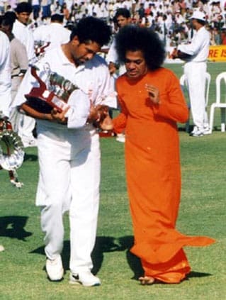 A file photo of Sachin Tendulkar with Sri Sathya Sai Baba.