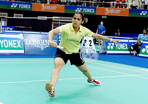 <span class="lh16 fa fs12 fb">Indian badminton player Saina Nehwal plays a shot against Russian's Anastasia Prokopenko during their women's singles badminton match of The World Badminton Championship at The Gachibowli Stadium in Hyderabad on August 12, 2009. Nehwal defeated Prokopenko 21-10, 21-17. (AFP Photo)</span>