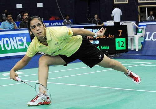 <span class="lh16 fa fs12 fb">Saina Nehwal plays a shot against Anastasia Prokopenko during their women's singles badminton match of The World Badminton Championship in Hyderabad. (AFP Photo)</span>