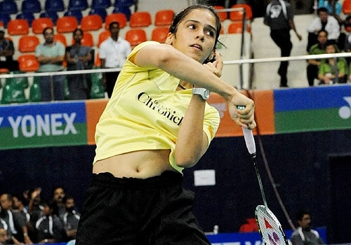 <span class="lh16 fa fs12 fb">Saina Nehwal plays a shot against Anastasia Prokopenko during their women's singles badminton match of The World Badminton Championship at The Gachibowli Stadium in Hyderabad. (AFP Photo)</span>