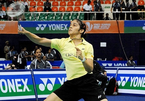 <span class="lh16 fa fs12 fb">Saina Nehwal plays a shot against Anastasia Prokopenko during their women's singles badminton match of The World Badminton Championship at The Gachibowli Stadium in Hyderabad. (AFP Photo)</span>