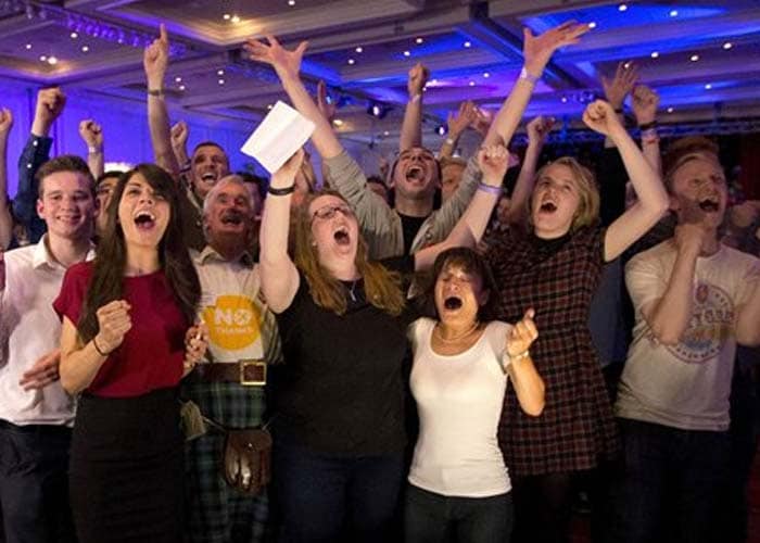 No supporters for the Scottish independence referendum celebrate a result at a No campaign event at a hotel in Glasgow, Scotland, early Friday, Sept. 19, 2014.