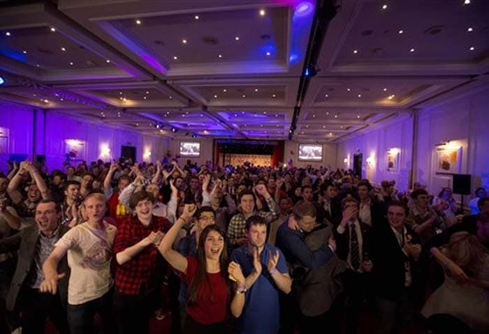 Supporters of the No campaign for the Scottish independence referendum celebrate after a result was announced at a No campaign event at a hotel in Glasgow, Scotland, Friday, Sept. 19, 2014.