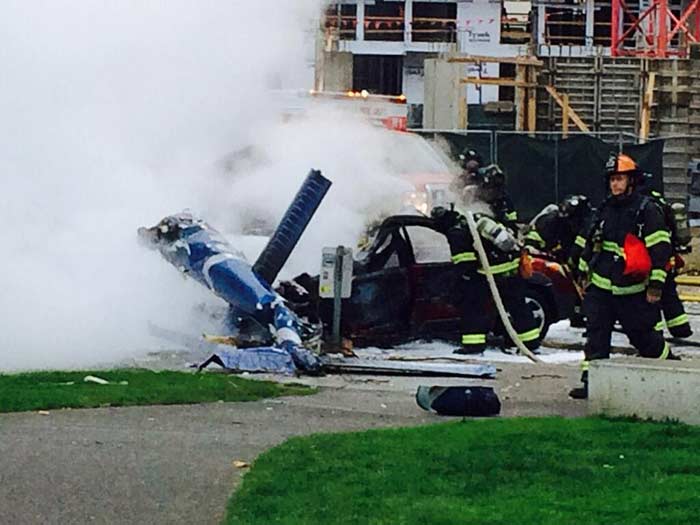 The station says the copter was apparently coming in for a landing on its rooftop on Tuesday morning when it possibly hit the side of the building and went down, hitting several vehicles on Broad Street.