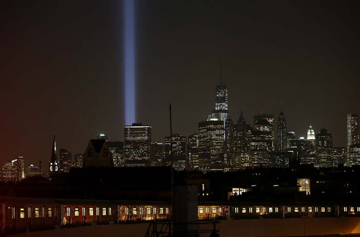 New York City's Tribute In Light shines near One World Trade Center in Manhattan on the eve of the twelfth anniversary of the terrorist attacks at the World Trade Center on September 10, 2013 in New York City