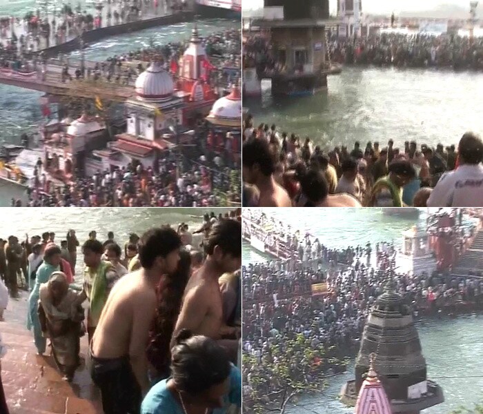 Pilgrims in lakhs throng the holy city of Haridwar to take a dip on the occasion of the second <i>shahi snan</i> (royal bath) on Monday as part of the ongoing Mahakumbh.