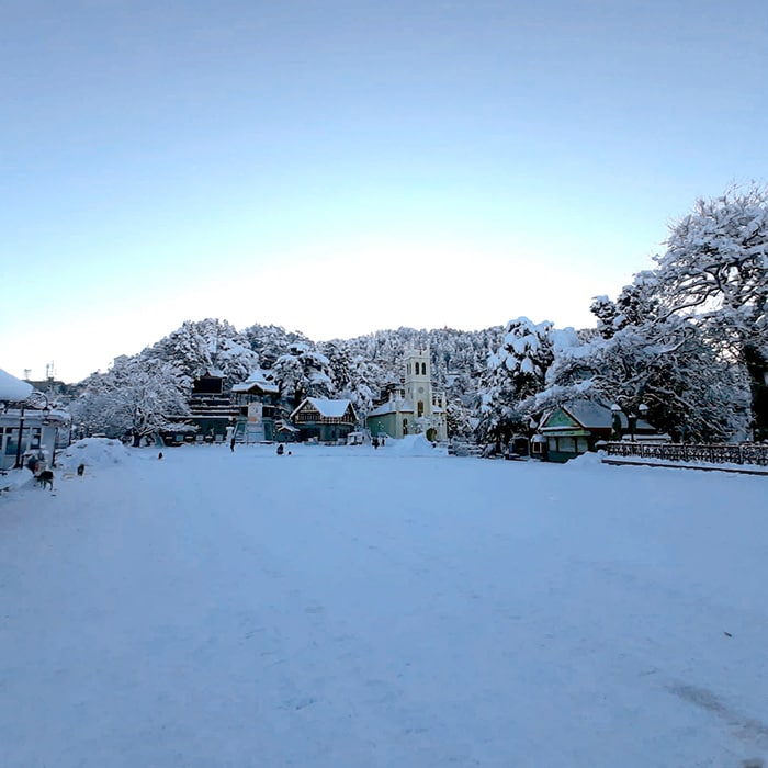 People walking on the snow-covered road amid fresh snowfall, in Shimla on Saturday. (ANI Photo)