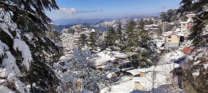 Houses and trees are covered in a blanket of snow as the upper reaches of Himachal Pradesh receive fresh snowfall, in Shimla on Saturday. (ANI Photo)