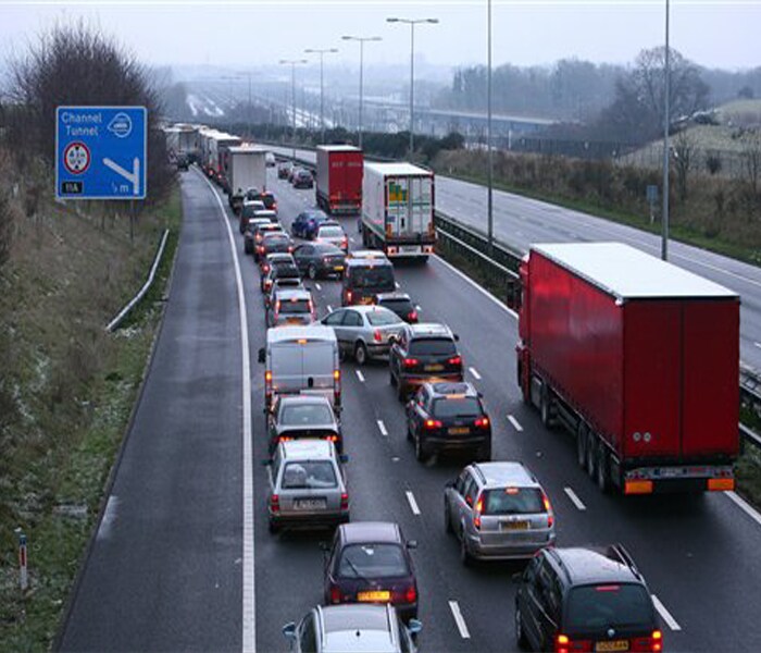 Stationary traffic, heading for the Channel Tunnel, seen on the M20 near Kent, England.<br><br>(AP photo)