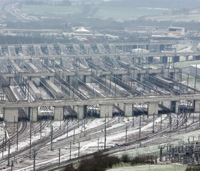 Empty tracks seen at the Eurotunnel site, in Kent, England on Saturday, as travel across the Channel was suspended.(AP photo)