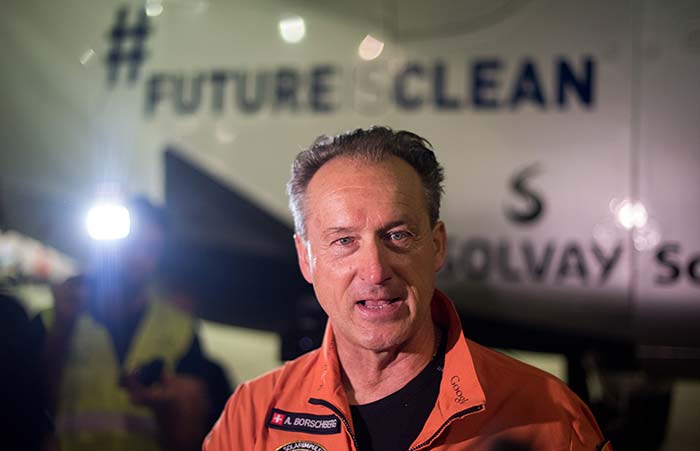 Swiss pilot Andre Borschberg talks to the press before the Swiss-made solar-powered plane Solar Impluse 2 takes off at Nanjing's Lukou International Airport in Nanjing, in China's eastern Jiangsu province on May 30, 2015. AFP PHOTO / JOHANNES EISELE