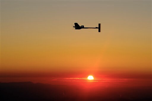 The plane soaked up the sunshine as Borschberg flew gentle loops over the Jura mountains west of the Swiss Alps.<br><br>This week's attempt was described as a "milestone" by the team and comes after seven years of planning. (AP Photo)