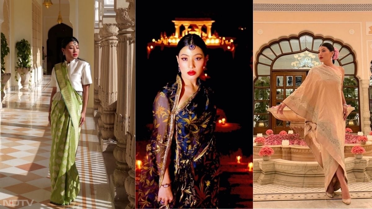 लुक में राजस्थान के जीवंत रंगों (जैसे कोसरिया, गुलाबी और हरे) को थाईलैंड के 'पेस्टल' और 'न्यूट्रल' शेड्स के साथ बैलेंस किया गया है.