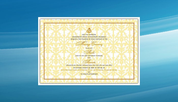 The invitation card for the reception of Tharoor and Pushkar to be held on September 3 in New Delhi.