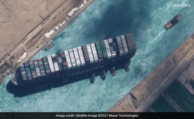 The container ship Ever Given, one of the world's largest container ships, that got stuck in the Suez Canal for six days in March -- halting traffic in both directions and disrupting global trade.