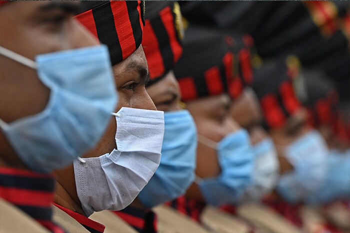 Kolkata Police personnel take part in the full dress rehearsal for India's 75th Independence Day celebrations in Kolkata.