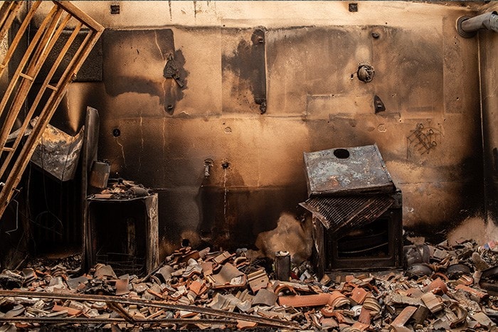 Inside of a burnt house following a wildfire in the village of Kastri on Evia (Euboea) island in Greece. The country's second largest island remained under threat from a fire that has been burning for eight days.