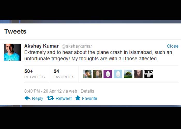 Akshay Kumar: Extremely sad to hear about the plane crash in Islamabad, such an unfortunate tragedy! My thoughts are with all those affected.