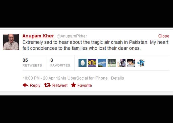 Anupam Kher: Extremely sad to hear about the tragic air crash in Pakistan. My heart felt condolences to the families who lost their dear ones.