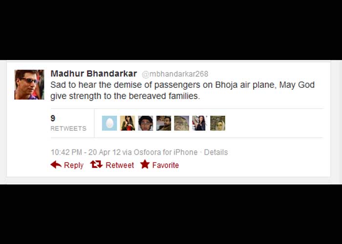 Madhur Bhandarkar: Sad to hear the demise of passengers on Bhoja air plane, May God give strength to the bereaved families.