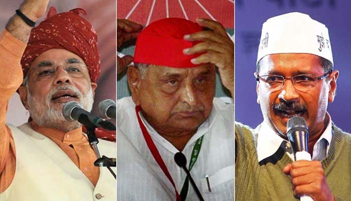 Narendra Modi, Arvind Kerjiwal and Mulayam Singh Yadav - three men whose parties are pitching them as potential prime ministers - battled for attention in Uttar Pradesh on March 2, 2014.