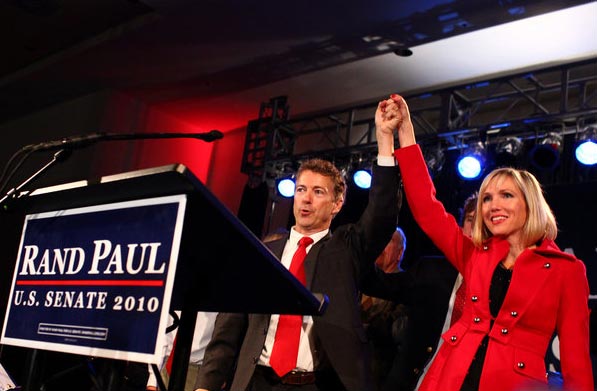 Rand Paul, a Tea Party-backed Republican candidate in Kentucky, was elected to the United States Senate on Tuesday, the first big victory of the night for the Tea Party in what was a precursor of big gains in Congress for the Republican Party. Mr. Paul with his wife, Kelley, at an election night party in Bowling Green, Kentucky. (NYT Photo)