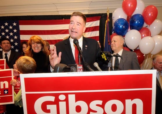 In Saratoga Springs, N.Y., Chris Gibson, a Republican, celebrated his victory over Representative Scott Murphy, the Democratic incumbent in New York's 20th Congressional District. (NYT Photo)