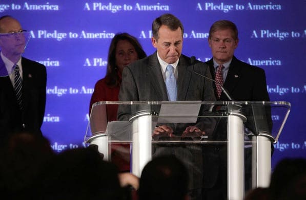 John A. Boehner, the House Republican leader, in an emotional moment at the victory gathering for the National Republican Congressional Committee in Washington. He declared that his party had taken control of the House of Representatives. (NYT Photo)