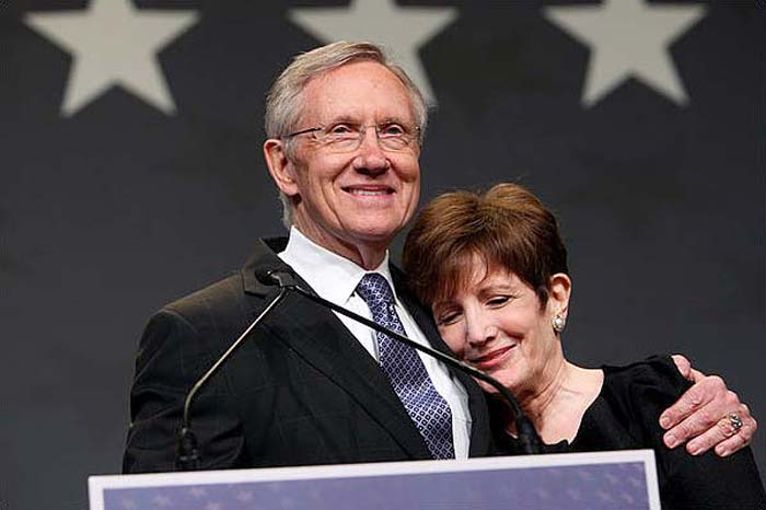 Harry Reid, the Senate majority leader, won his race against Sharron Angle, a Tea Party-backed Republican. He celebrated with his wife, Landra, at his election night party in Las Vegas. (NYT Photo)