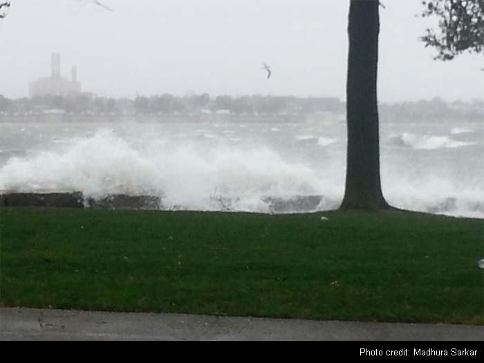 It smacked the boarded-up big cities of the Northeast corridor, from Washington and Baltimore to Philadelphia, New York and Boston, with stinging rain and gusts of more than 85 mph (135 kph).<br><br>
This image was sent by Madhura Sarkar from Boston.